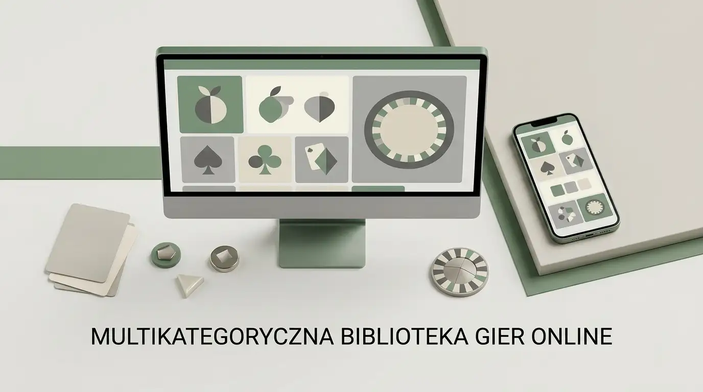 Abstrakcyjna ilustracja różnych kategorii gier kasynowych na ekranie komputera i telefonu